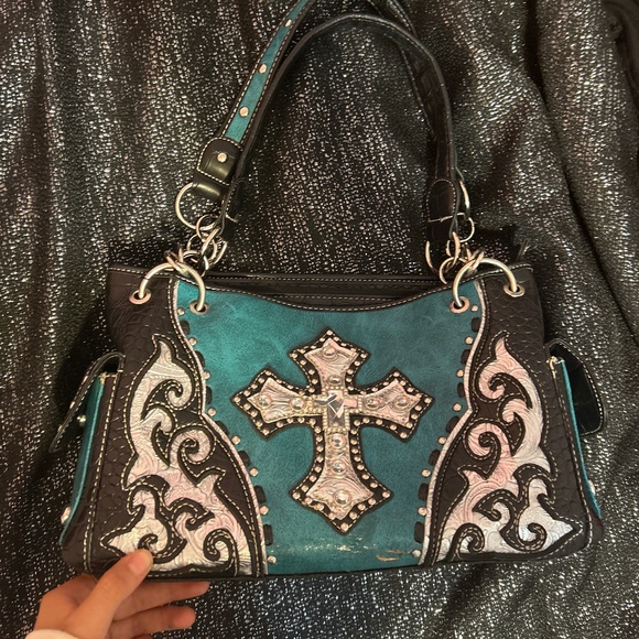 2000s Y2K Blue cross crocodile silver leather bag - Picture 1 of 5
